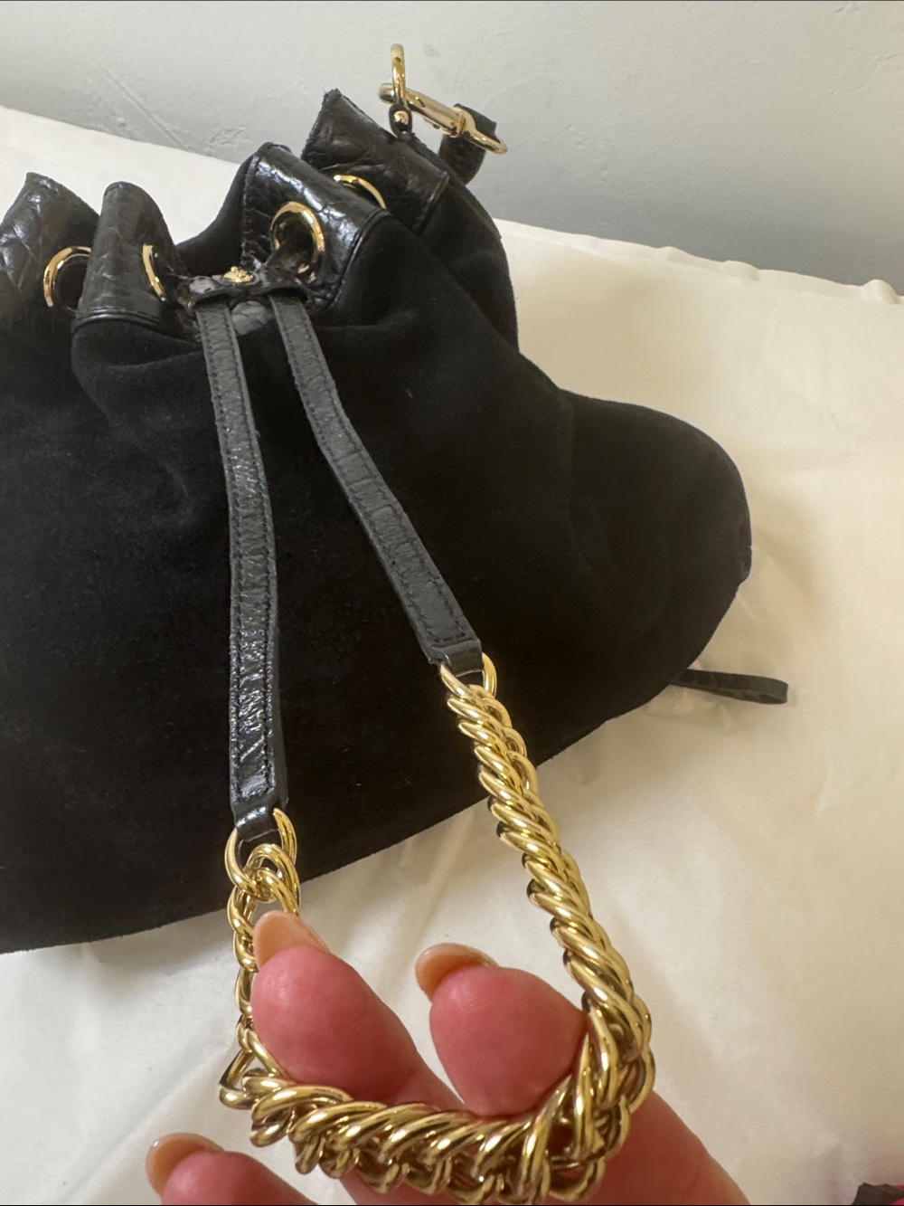 Cole Haan Black Suede Drawstring Shoulder Bag with Gold Hardware - Picture 6 of 12